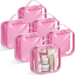 Abbylike 6 Pcs Clear Toiletry Bags Travel Bags Small Clear Makeup Bag with Handle Quart Size Travel Pouches with Zipper for Airport Security Car Organizer Bag for Women Girls(Pink)