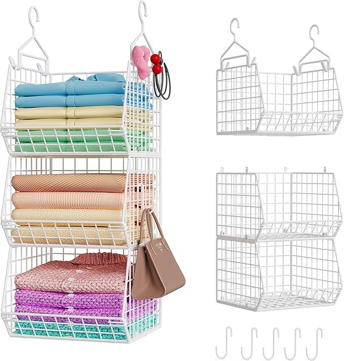 X-cosrack 3 Tier Foldable Closet Organizer, Clothes Shelves with 5 S Hooks, Wall Mount&Cabinet Wire Storage Basket Bins, for Clothing Sweaters Shoes Handbags Clutches Accessories-White Patent Design