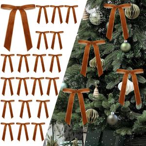24Pcs Christmas Velvet Bows for Tree, Vintage Ribbon Bows Ornaments for Garland Wreath Gift Wrapping Treat Bag Bakery Candy Bags DIY Crafts Holiday Decor (Light Brown, 5" x 7", Width of 1")