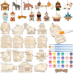 60 Pcs Wood Christmas Crafts for Adults DIY Paint Xmas Ornaments Blank Unfinished Wooden Cutouts Shapes Slices Hanging Embellishment for Christmas Tree Holiday Party Decor(Jesus Nativity)