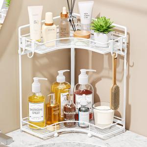 VITVITI 2-Tier Corner Bathroom Counter Organizer, Bathroom Countertop Organizer Storage for Sink, Metal Mesh Makeup Organizer for Vanity Countertop Kitchen with Hooks,White