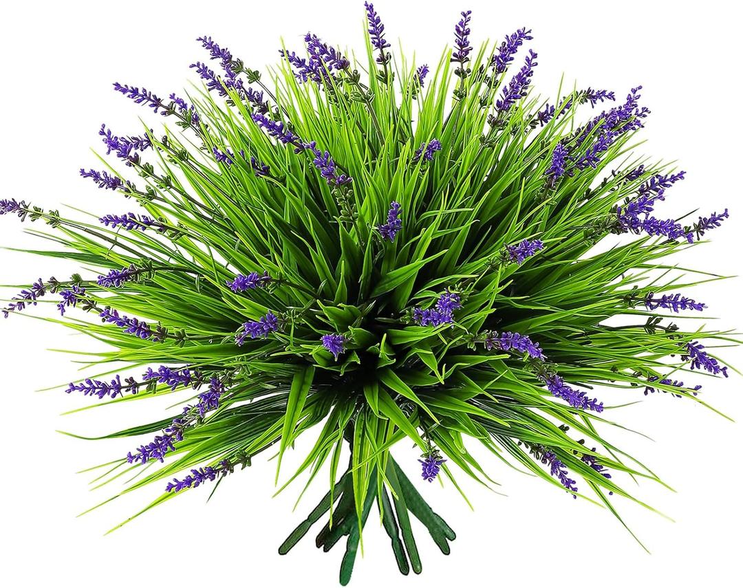 12 Bundles Artificial Grass Fake PlantsOutdoor Fake Monkey Tail Grass with Flowers for Pot UV Resistant Lavender Patio Garden Porch Home Window Hanging Planter Decor Faux Plastic Shrubs(Puper+Green)