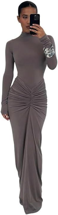 Womens Sexy Maxi Dress Long Sleeve Ruched Bodycon Turtleneck Club Party Casual Wedding Dresses (Gray) Medium