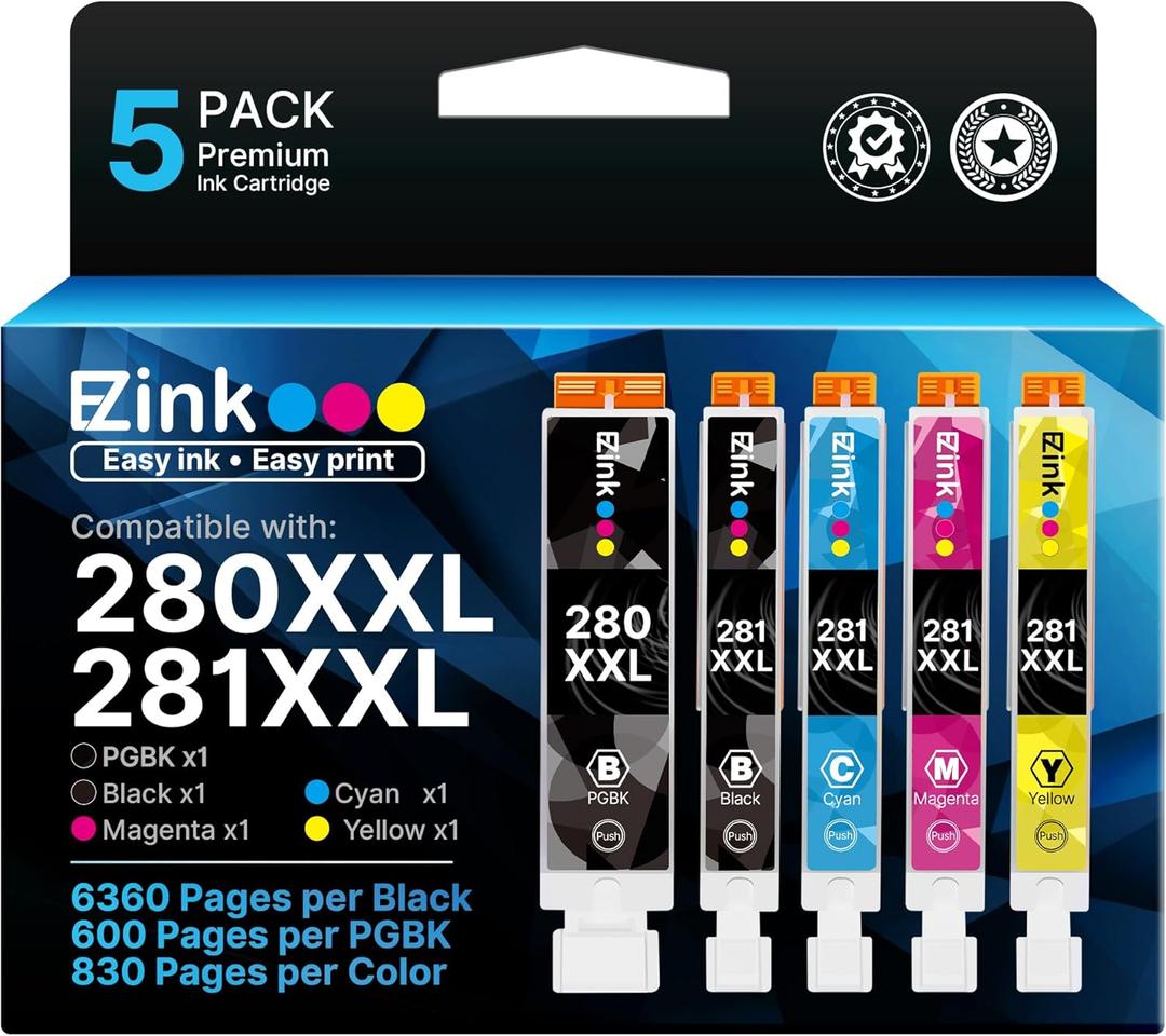 E-Z Ink Compatible Tr8620a Ink Cartridge Replacement for Canon PGI-280XXL CLI-281XXL 280 XXL 281 XXL Compatible with TR8520 TR8620a TR8620 TS702a TS9520 TS9521C TR8520 TS6220 TS6320 TS8220 (5 Pack)