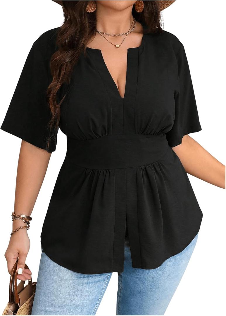 GORGLITTER Women's Plus Size Peplum Tops Short Sleeve V Neck Asymmetrical Blouse Shirts Summer Going Out Tops 2025 (XX-Large Plus, Black)