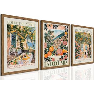 Italy Travel Wall Art Set of 3, Amalfi Coast Wall Decor, Trendy Italian Food Kitchen Poster Canvas Prints, Vintage City Landscape Artwork for Dining Room Living Room 12x16 inch Wood Framed (16L" x 12W")