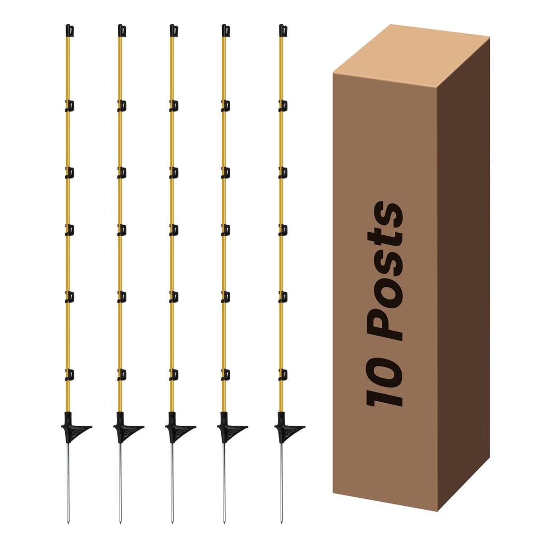 Step in Electric Fence Posts 3/8" x 50", Portable & Weather-Resistant Fiberglass Fence Posts for Temporary Electric Fencing, Farm Livestock, Garden & Pet Containment - 10 PCS (Yellow)