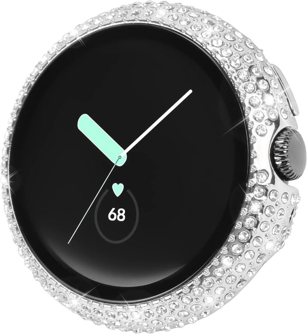 Compatible for Google Pixel Watch 3 41 mm/Pixel Watch 2/1 Case with Screen Protector, Bling Protective Face Cover Tempered Glass Bumper Diamond Rhinestone Thin Hard PC Plated Frame (Silver)
