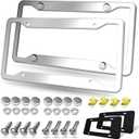 BGGTMO Stainless Steel License Plate Frames- 2 Pack Heavy Duty Polished Mirror Car Tag Cover with Chrome Screws Caps, 4 Holes Front & Rear Holders with Fasteners, Inserts, Rust/Rattle Proof Pads