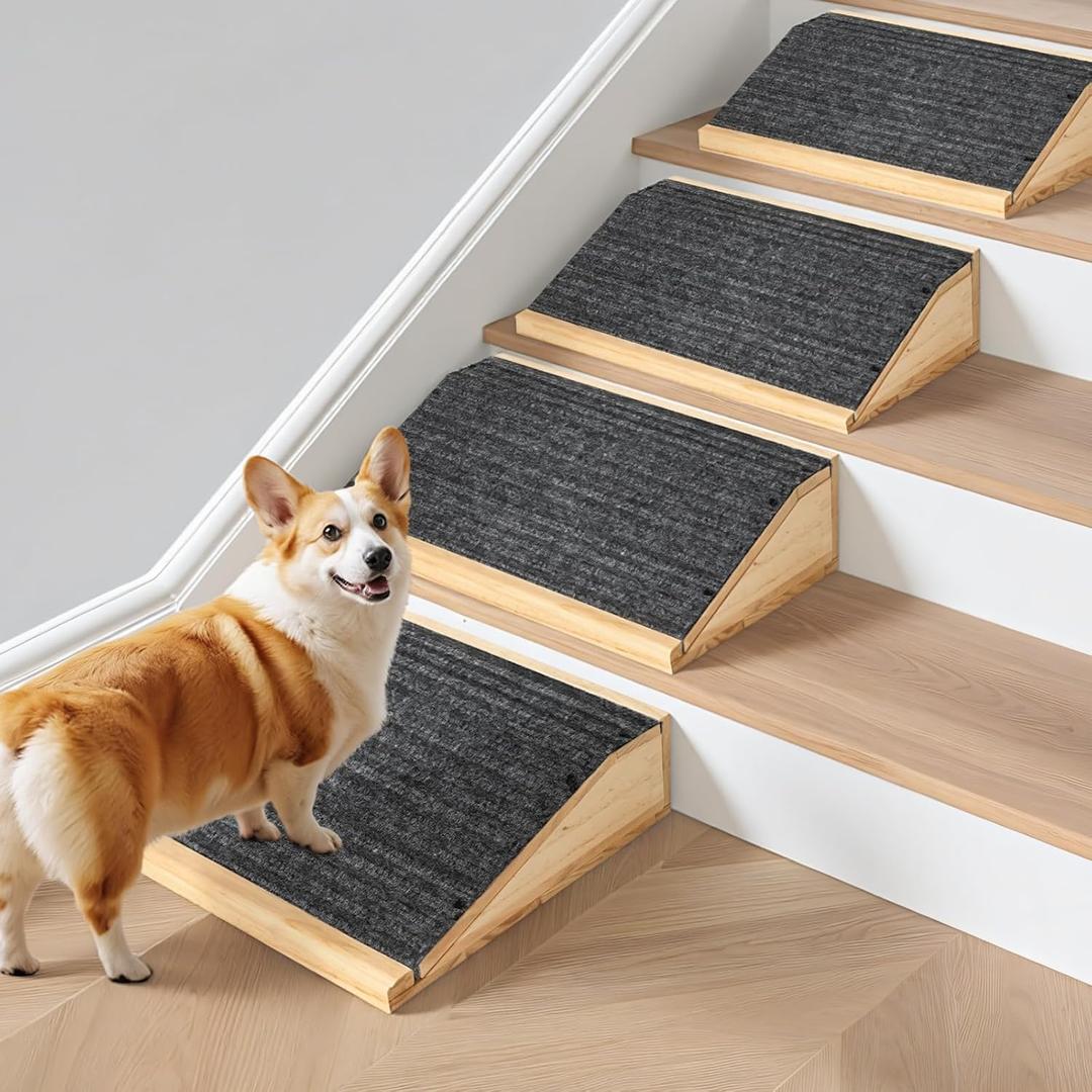 4-Pack Wooden Dog Ramp for Stairs, Anti-Slip Pet Steps for Small Dogs with Carpet Surface, Low-Angled Pet Ramps for Staircase, Steps and Stairs Assist for Injured & Aged Pets, Stairs Ramp for Dogs