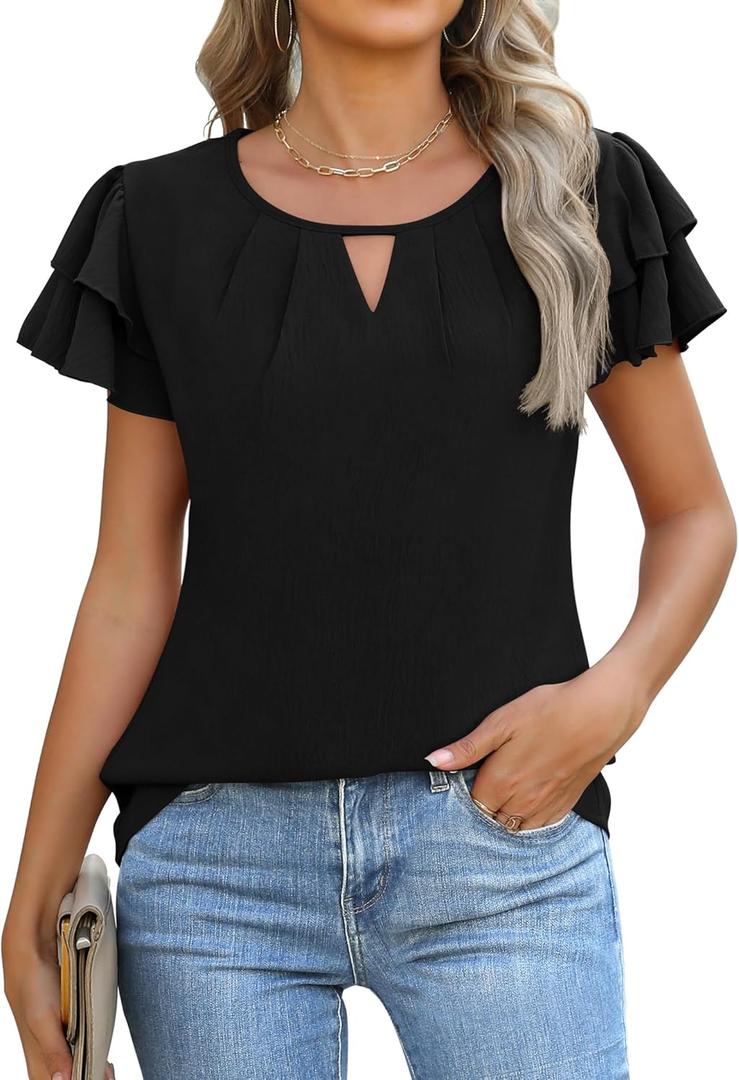 Gleeneat Womens Tops Dressy Casual Business Work Blouses Short Ruffle Sleeve V Neck Cute Summer Shirts 2026 Trendy Outfits L