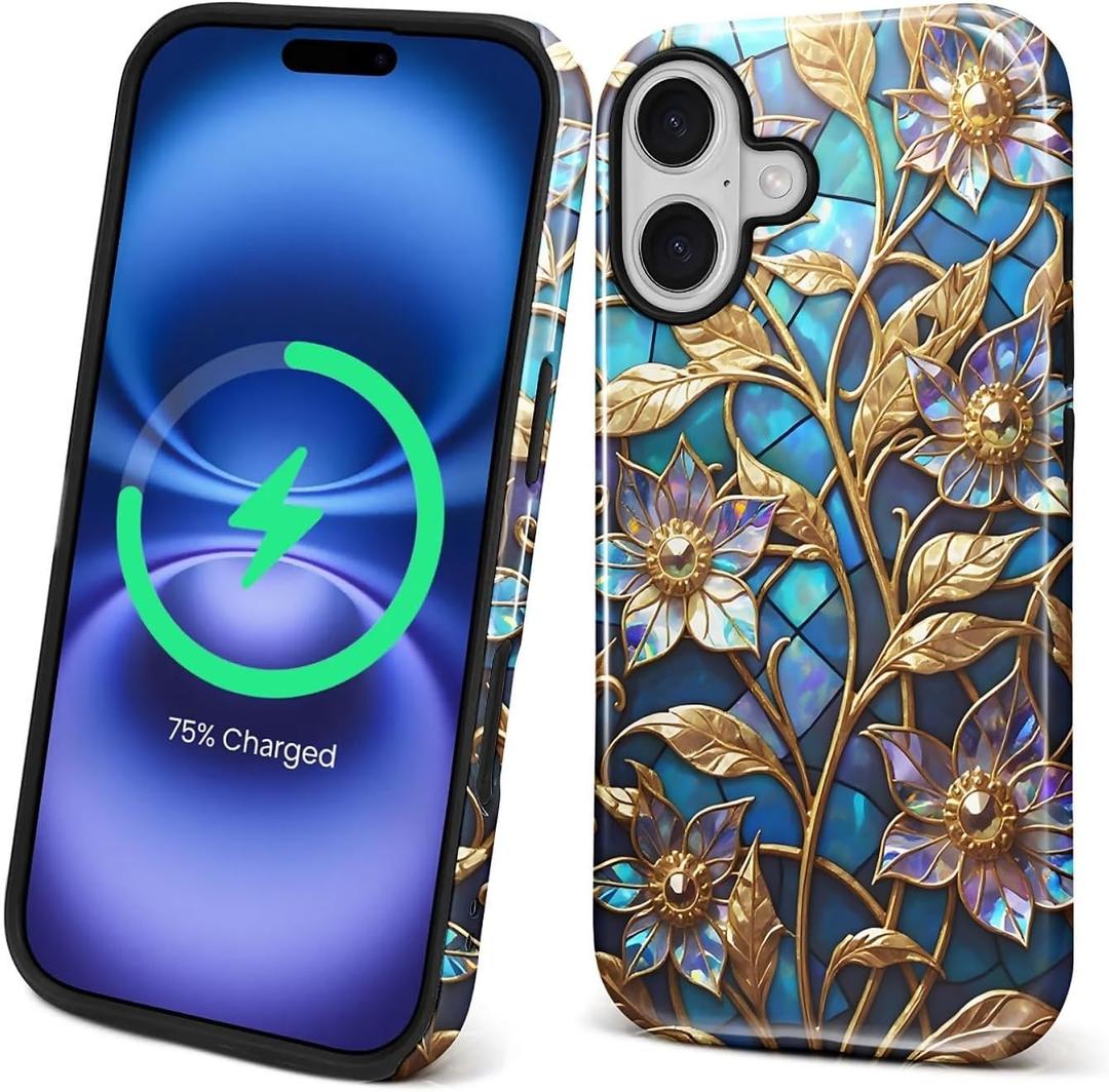 Magnetic Case for iPhone 17 Design,Compatible with MagSafe,Slim Protective Soft TPU Bumper Phone Cover Women Girls Case for iPhone 17-Stained Stained Mandala Vine