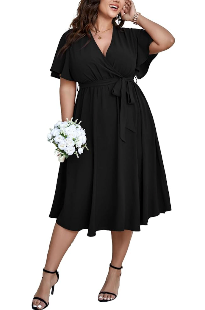 SCOMCHIC Womens Plus Size Wedding Guest Cocktail Midi Dress Summer Short Sleeve Wrap V Neck Belted A-Line Flowy Dress 1XL