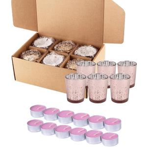 Pink Votive Candle Holder Set 6 Pack with 12 Tea Light Candles, Mercury Glass Finish Tealight Holders for Table Centerpieces Dinner Party Home Decor