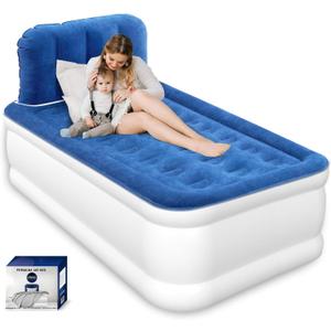 Twin Air Mattress with Headboard, Built-in Pump, 19" Raised Comfort, 48-Hour Leak-Tested Durable PVC, Quiet Design, 2.5 Min Quick Inflation & Headboard, Blow Up Bed for Home and Guests , 600 lbs Max (Blue)
