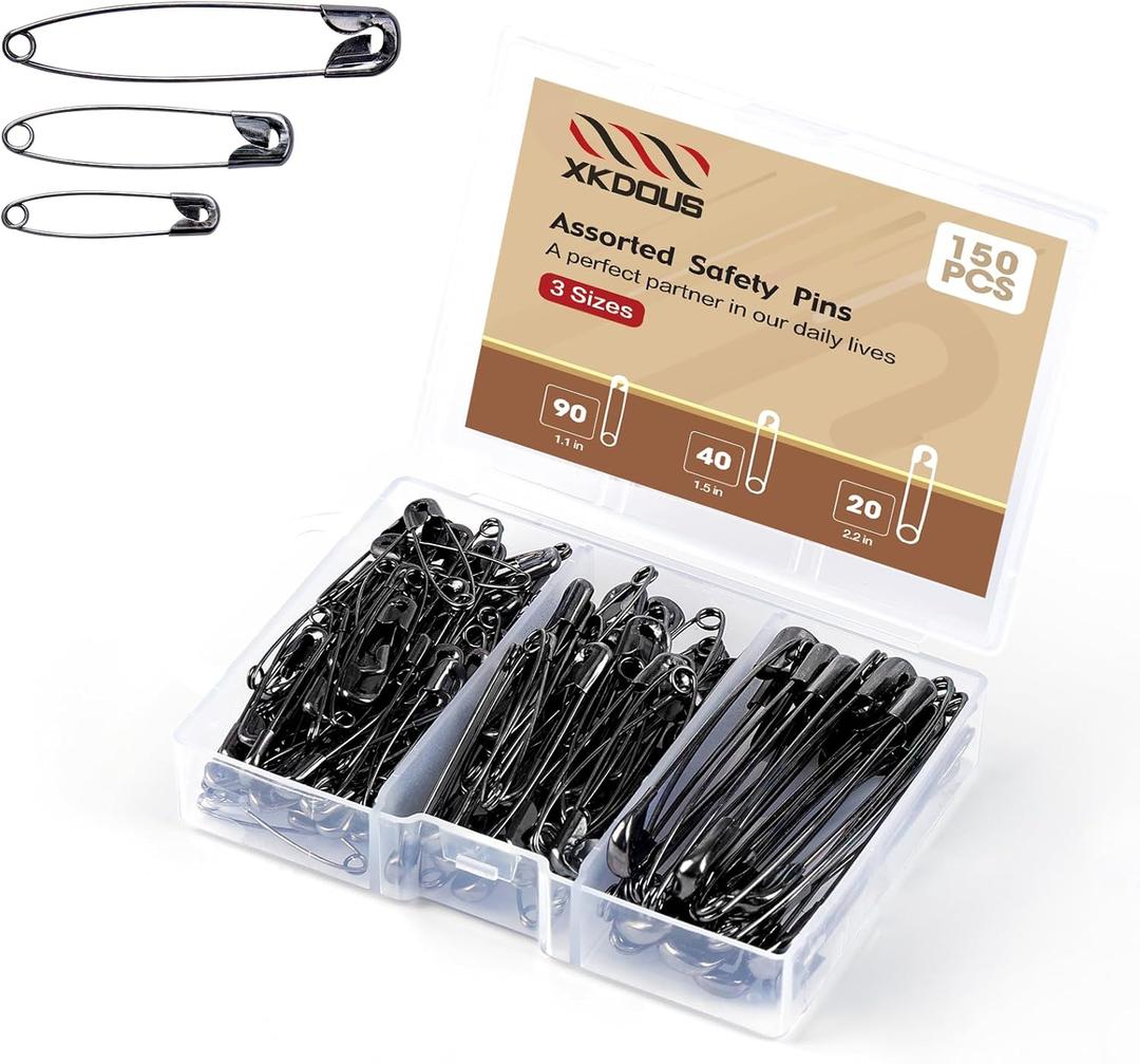 XKDOUS Safety Pins - 150 Pcs Assorted Sizes Black Pins Bulk - Small & Large Heavy Duty for Clothes, Sewing, Craft