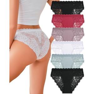 ALL OF ME Sexy Underwear for Women Lace Bikini Panties Low Rise Cotton Hipster Stretch Ladies Cheeky Panty 6 Pack, Large 