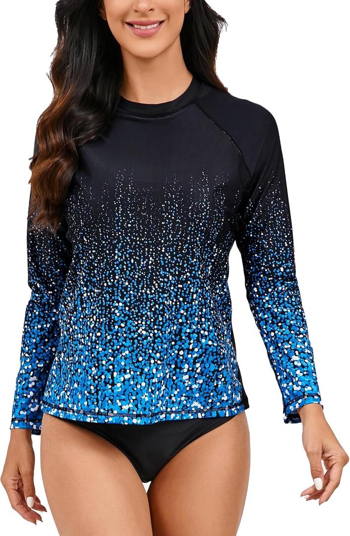 Halcurt Womens Long Sleeve Rash Guard Swim Top with Built in Bra UPF50+ Sun Protection Swim Shirts Quick Dry Swimsuit (Medium, Ombre Black Blue)