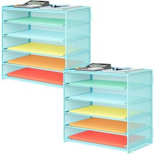 Biciyarn 2 Pack 6 Tier Paper Organizer, Metal Mesh Desk File Folder, Letter Tray Organizer, Paper Sorter Desk Organizers for Office, Home or School File Folder Holder - Blue