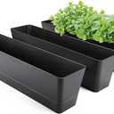 GREANER Window Boxes Planters, 3PCS 16x3.8 Inch Black Rectangle Planters Box with Drainage Holes and Trays, Herb Succulents Flowers Plastic Pot for Windowsill, Garden, Balcony, Indoor, Outdoor Decor