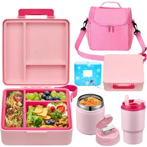 Bento Lunch Box for Kids with 17oz Soup Thermo, Insulated Tumbler Water Bottle and Insulated Lunch Bag, Leak-Proof 3 Compartment Lunch Food Container with with Ice Pack for Kids to School, Pink