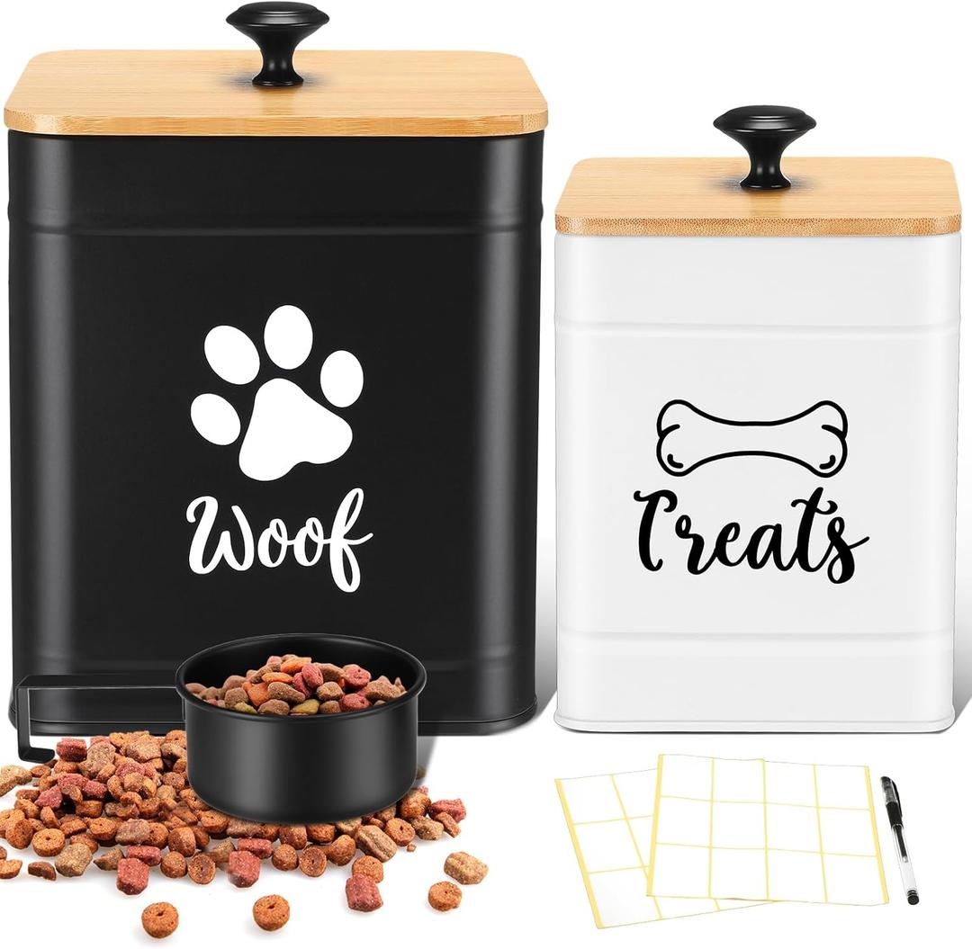 Jingmore Metal Dog Food Containers Set of 2 with Bamboo Lids and Spoon Airtight 7+3 lbs Dog Treat Snack Jars with DIY Labels Big Pet Cookie Storage Jar for Kitchen Counter(Classic)