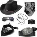 EIELO Cowboy Costume Outfit for Men Women Western Cowboy Hat Bolo Tie Buckle Belt Accessories Set for Halloween Cosplay Party (Black)