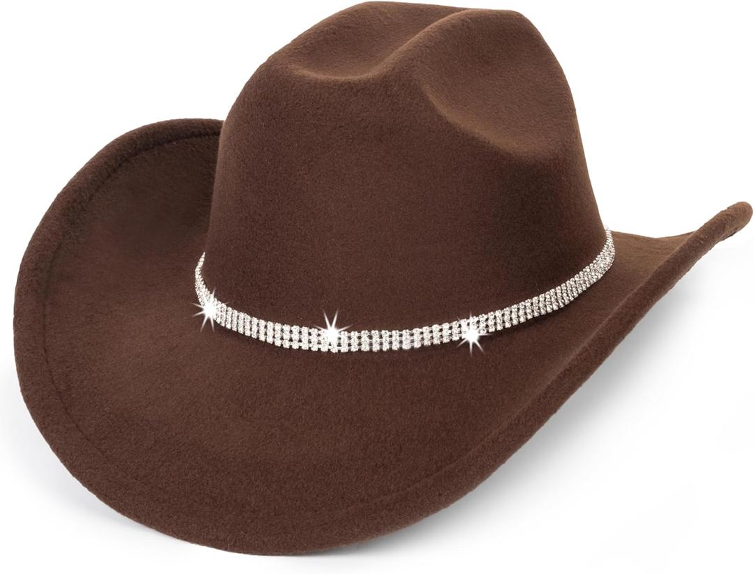 Unisex Western Felt Cowboy Hats - Classic Roll Up Brown Cowgirl Wide Brim Fedoras Hat with Shiny Rhinestones Band (Medium, Coffee)