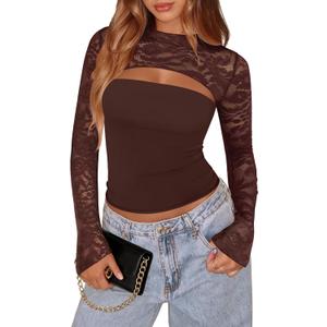 Xuiqx Women's Lace Long Sleeve Going Out Tops Sexy Y2K Crew Neck Cutout Double Lined Slim Night Out Shirts (Brown)