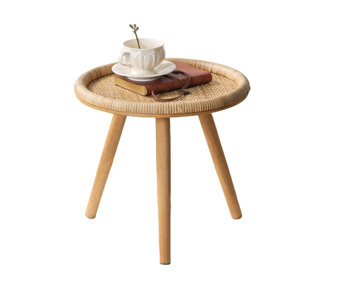 Rattan Round Coffee Table, Boho Circle Side Table End Table for Living Room, Small Mid Century Accent Table for Bedroom Balcony
