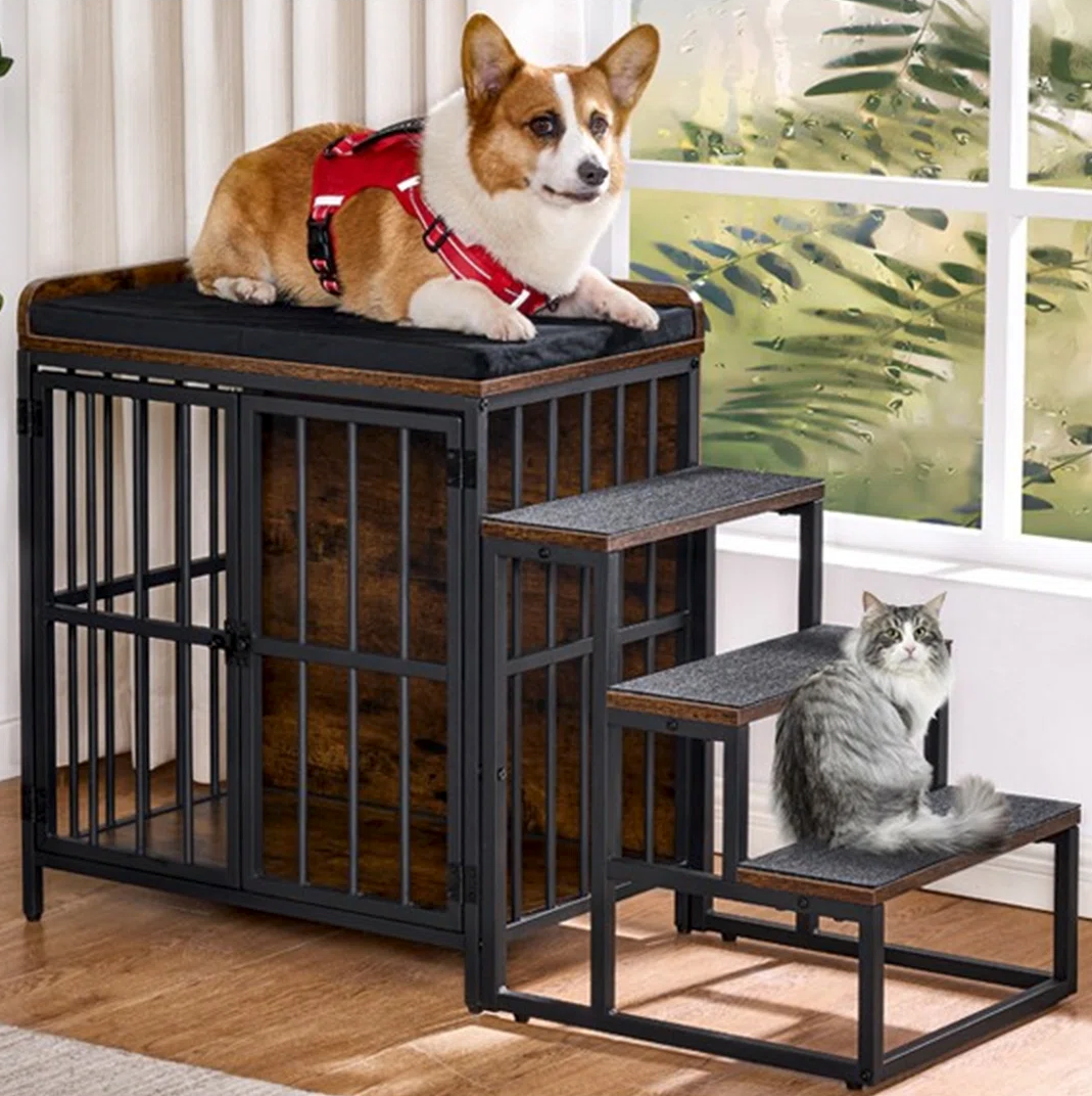 41.73" Furniture Style Dog Crate with Cushion,Wooden,Rustic Brown
