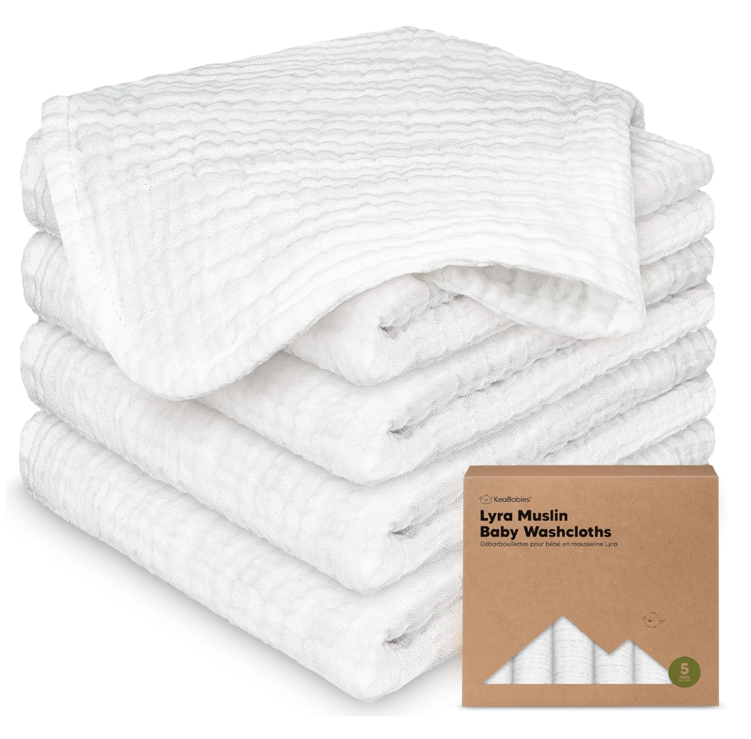 5Pack Muslin Baby Washcloths for Newborn – 12x12" Soft Absorbent Organic Cotton Muslin Wash Cloths for Babies Girl, Boy, Infant, Toddlers, Kids Face Towel, Bath Essentials,Baby Burp Rags (Soft White)