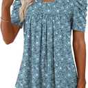 Anydeer Women Tunic Top Summer Short Puff Sleeve Chest Pleated Tshirts Casual Round Neck Blouse Loose Tee (XX-Large, White+blue Flowers)