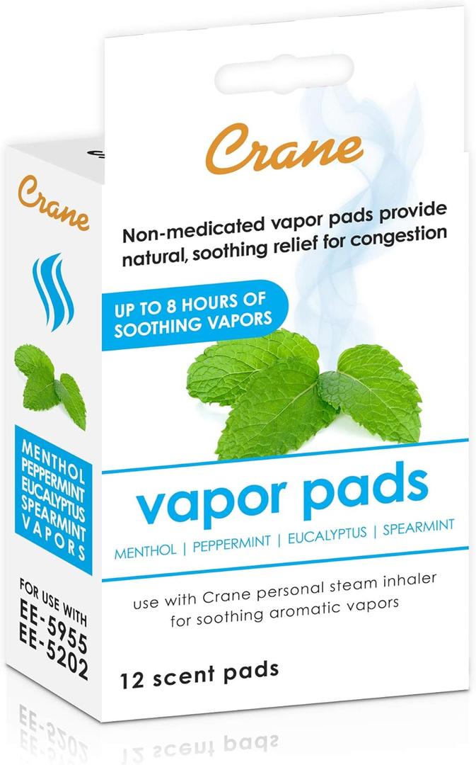 Crane Menthol-Eucalyptus Universal Vapor Pads, 12 Pack, for use Droplets, Corded Inhaler, Warm Mist humidifier (White)