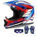 XFMT Kids Dirt Bike Helmet Youth Motorcycle Helmet DOT-Certified Full Face Helmets for Motocross ATV Off-Road Street Bike with Goggles & Gloves, Red White and Blue Large