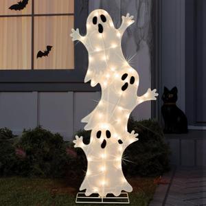 Halloween Lighted Stacked Ghosts Decoration, Pre-Lit with 50 Warm White Lights Spooky Ghosts Lights, Halloween Light Up Ghost for Indoor, Outdoor, Porch, Yard, 42’’ H