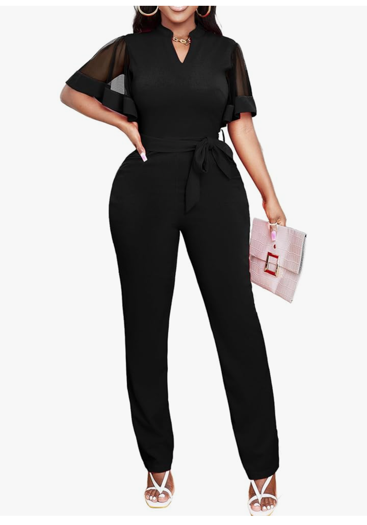 Yiershu Women's Jumpsuits Casual Dressy One Piece Outfits V Neck Formal Short Sleeve Mesh Ruffle Sleeve Romper, Black