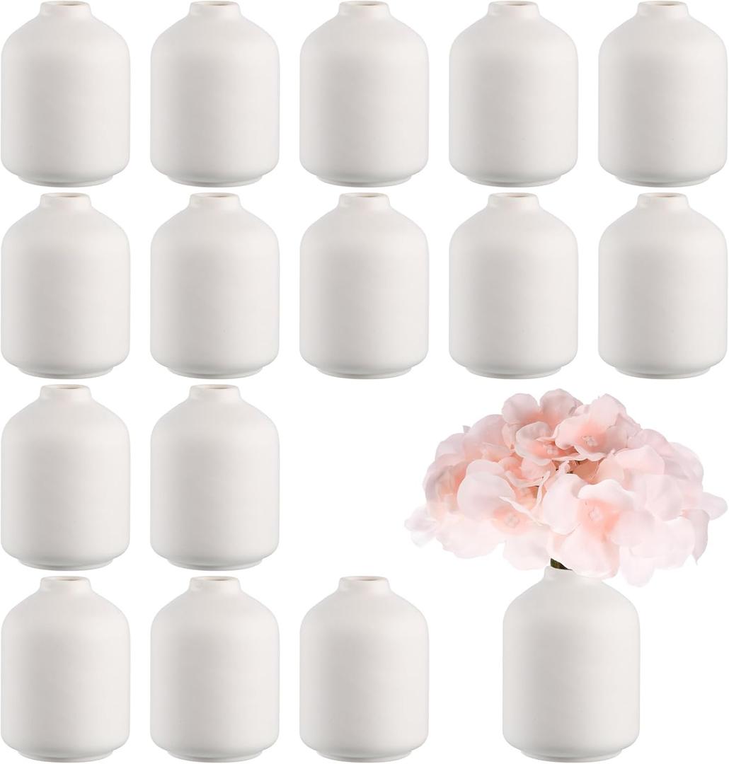 Tioncy 15 Set 3.9"*2.76" White Ceramic Bud Vases Bulk Boho Small Flower Valentine's Day Decoration Centerpieces White Ceramic Vases for Dry Flowers Pampas Grass Home Valentines DIY Wedding Table Decor