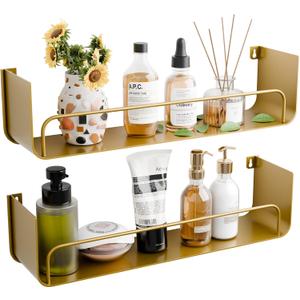 16 Inch Gold Floating Shelves Set of 2, Narrow Iron Bathroom Shelves with Guardrail, U-Shaped Wall Mounted Shelf for Home Decor & Organizer, Display Shelf for Bathroom,Kitchen,Bedroom&Any Room