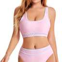 Women's Sporty Two Piece Swimsuits High Waisted Athletic Bikini Sets for Women Color Block Bathing Suit with Bottoms (Pink, S)