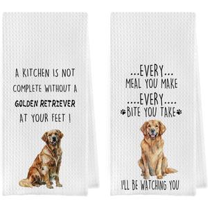 Golden Retriever Dish Towels Set - Golden Retriever Decorative Waffle Weave Kitchen Towels, Hand Tea Towels for Bathroom Kitchen (1624 Inches Set of 2)