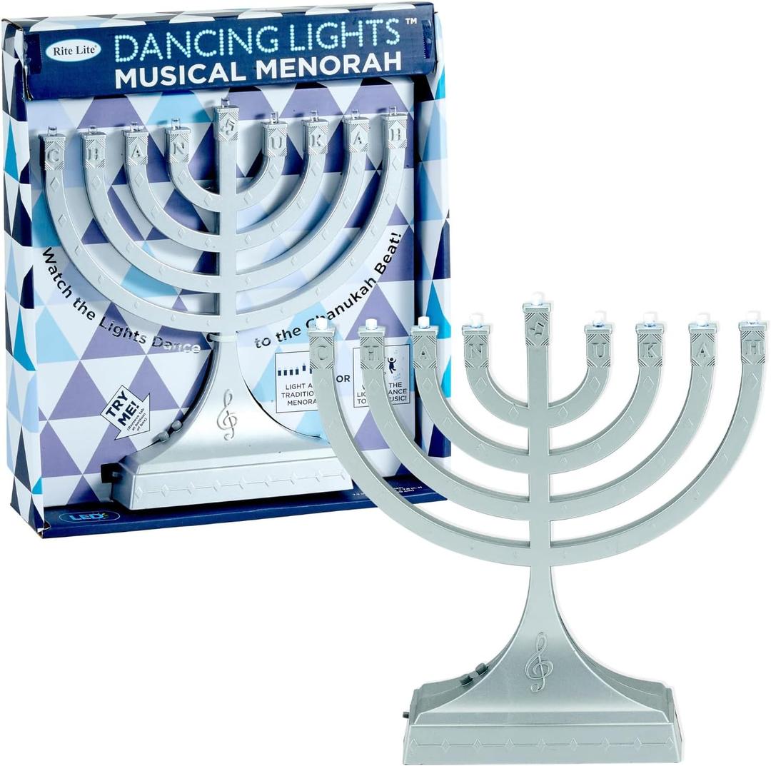 Rite Lite Chanukah “Dancing Lights” 8" H Musical Hanukkah Menorah (Silver) - Jewish Holiday Party Hanukkah Gifts Decor Blue Menora That Plays Music While The Lights Dance to The Beat!, Pack of 2