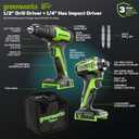 Greenworks 24V Brushless Cordless Drill and Impact Driver,Power Tool Combo Kit Included 1/2Drill & 1/4Hex Impact Driver and (2) Batteries, Fast Charger, 2 pcs Drill Bit Set & Bag