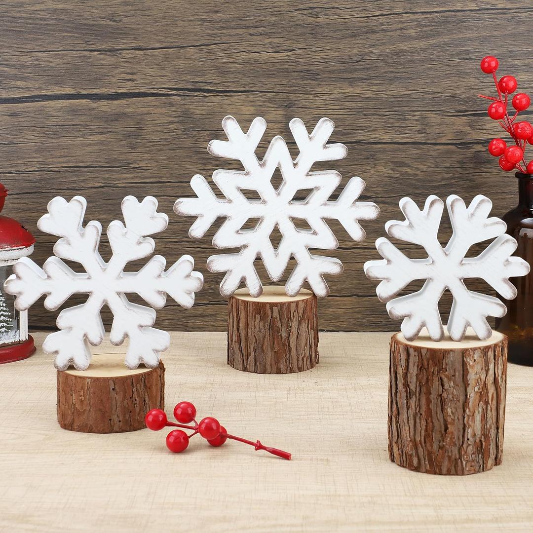 3 Pcs Winter Snowflake Wooden Table Sign Christmas Snowflake Wood Blocks Centerpiece Rustic Farmhouse White Snowflakes Tabletop Decorations for Winter Xmas Wonderland Tiered Tray Home Shelf Decor