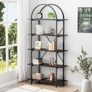 Arched Bookshelf 5 Tier Book Shelf, 31.5 Inch Width Industrial Arch Bookcase, Curved Tall Bookshelf with Open Shelves for Home Office, Living Room, Bedroom, Black