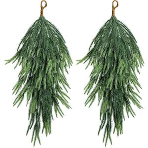 2 Pcs Artificial Christmas Teardrop Swag, 28" Faux Pine Needles Teardrop Door Swag, Christmas Norfolk Greenery Teardrop Wreath for Xmas Holiday Door Table Mantle Fireplace Indoor Outdoor Decor