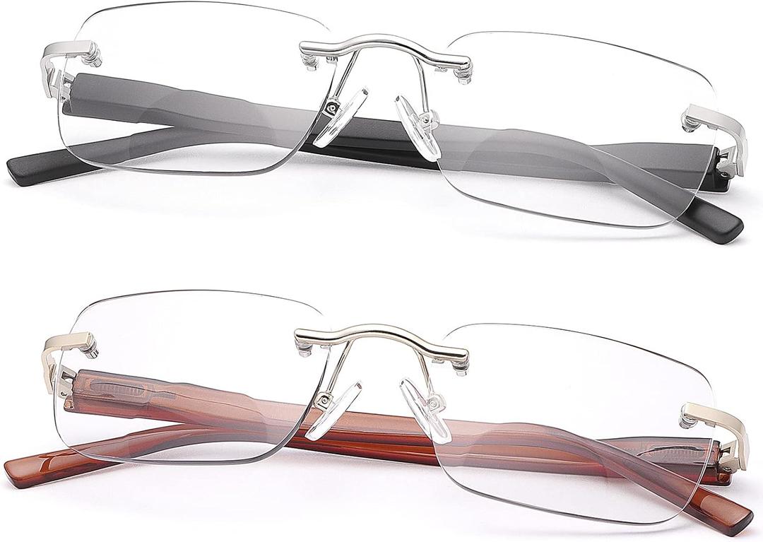 2 Pack Rimless Spring Hinge Photochromic Sun Readers Blue Light Blocking Computer Reading Glasses UV400 Protection Transition Sunglasses Shades Anti Glare Eyewear Gaming Eyeglasses for Men Women
