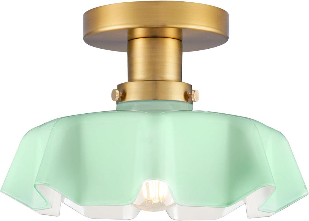 Semi Flush Mount Ceiling Light, Green Glass Ceiling Light Fixture, Vintage Ceiling Lighting with Flower Shaped, Indoor Close to Ceiling Lights, Brass Modern Lighting for Hallway Kitchen Bedroom