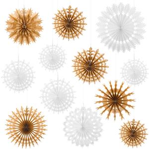 12 Pcs Winter White Brown Paper Snowflakes Decorations Wonderland Theme Ceiling Hanging Snowflake Tissue Paper Fans for Winter Christmas Holiday Wedding Birthday Party Supplies