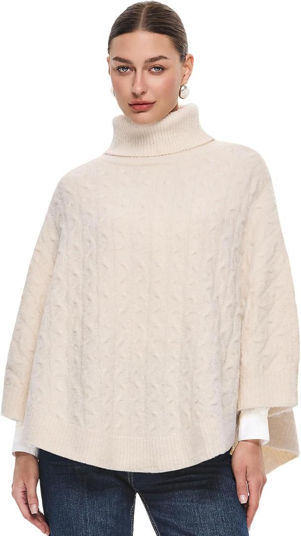 PULI Women Luxury Turtleneck Sweater Poncho Fashion Thick Cable Knit Cape Wrap Pullover Chunky Warm Shawl for Fall Winter